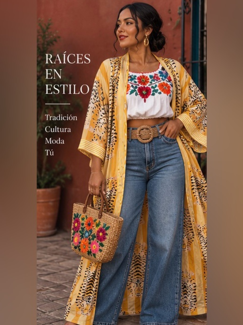 Yellow Floral Kimono Duster with Embroidered Crop Top